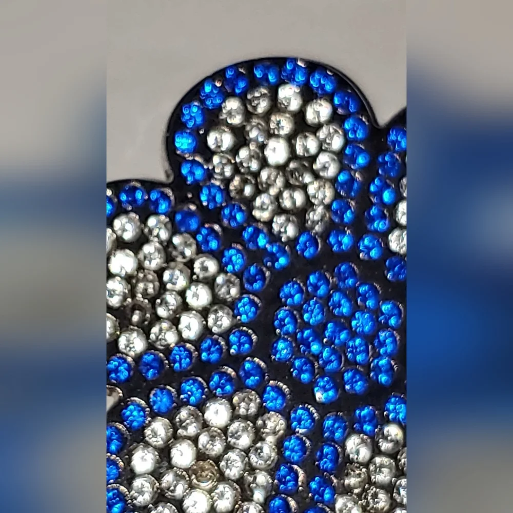 Bright Blue & Clear Crystal Rhinestone Big Hippie Flower Brooch